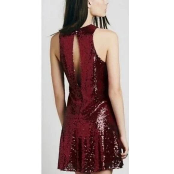 Free People High Neck Ruby Red Sequin Dress Burgundy Sleeveless Swing Mini Small - Picture 5 of 12